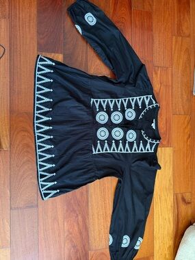 crown & ivy Black Peasant Blouse with White Embroidery